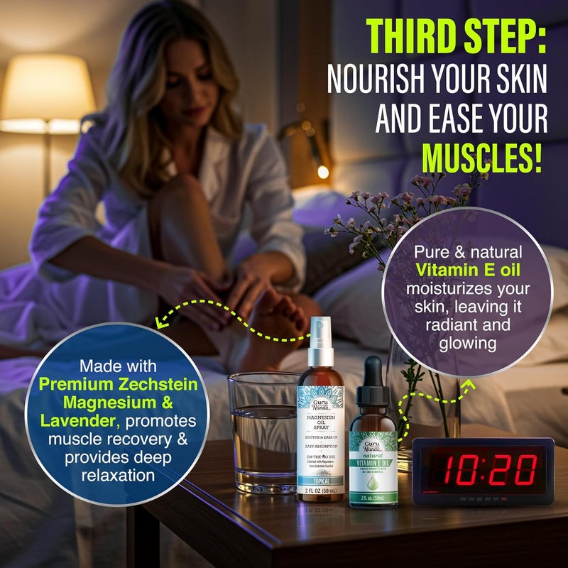 GuruNanda Nighttime Wellness Care Kit – Ashwagandha Oil Pulling, Hydroxyapatite Toothpaste, Magnesium Spray, Toothbrush, Floss Picks, Vitamin E Oil, & Sleep Spray - Image 4